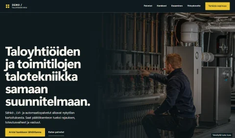 Talotekniikan verkkosivudemon hero, jossa näkyvät palveluviesti, toimintopainikkeet, teknisessä tilassa työskentelevä ammattilainen ja AI-kuvamerkintä.