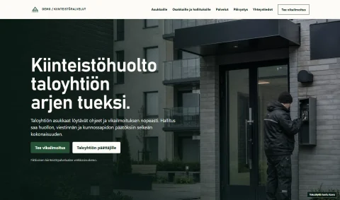 Kiinteistöpalvelujen verkkosivudemon hero, jossa näkyvät palveluviesti, huoltotyöntekijä kerrostalon sisäänkäynnillä ja AI-kuvamerkintä.