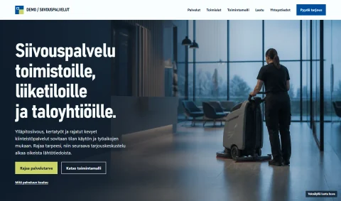 Siivouspalvelujen verkkosivudemon hero, jossa näkyvät palveluviesti, toimintopainikkeet, yhdistelmäkoneella työskentelevä siivooja ja AI-kuvamerkintä.