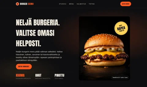 Burger-ravintolan verkkosivudemon tumma hero, jossa näkyvät menuviesti, toimintopainike, burgeri ja AI-kuvamerkintä.