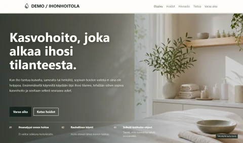 Ihonhoitolan verkkosivudemon rauhallinen hero, jossa näkyvät hoitoviesti, ajanvarauspainike ja AI-kuvamerkintä.