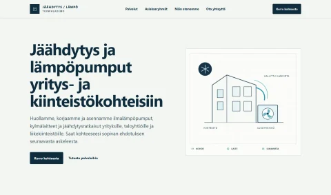 Jäähdytys- ja lämpöpumppupalvelujen verkkosivudemon hero, jossa näkyvät palveluviesti, toimintopainikkeet ja tekninen kuvitus.