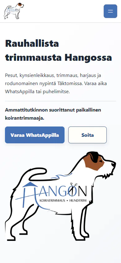 Kuvakaappaus Hangon Koiratrimmaus -sivuston mobiilinäkymästä, jossa WhatsApp- ja puhelinajanvaraus näkyvät heti alussa.