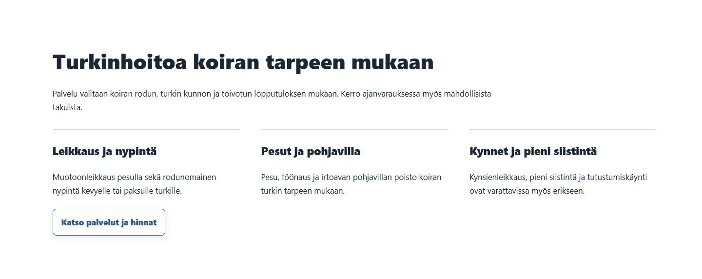 Kuvakaappaus Hangon Koiratrimmaus -sivuston palveluryhmistä leikkaukselle, pesulle ja pienelle siistinnälle.