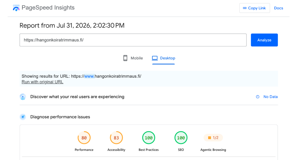 Hangon Koiratrimmauksen työpöydän PageSpeed Insights -tulos ennen uudistusta 31.7.2026: suorituskyky 80/100 ja saavutettavuus 83/100.