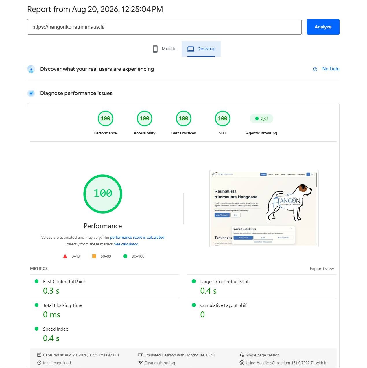 Hangon Koiratrimmauksen työpöydän PageSpeed Insights -tulos uudistuksen jälkeen 20.8.2026: kaikki neljä pääpistettä 100/100.
