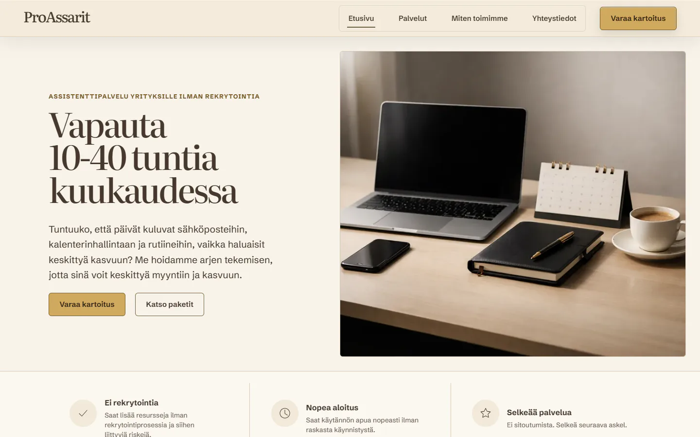 Kuvakaappaus ProAssarit-sivuston etusivusta, jossa assistenttipalvelun lupaus ja kartoituspainikkeet ovat työpöytäkuvan vieressä.