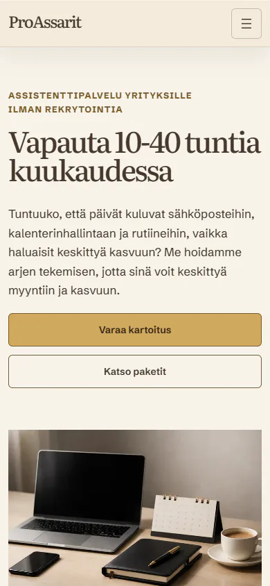 Kuvakaappaus ProAssarit-sivuston mobiilinäkymästä, jossa palvelulupaus ja kartoituspainikkeet näkyvät ennen pääkuvaa.