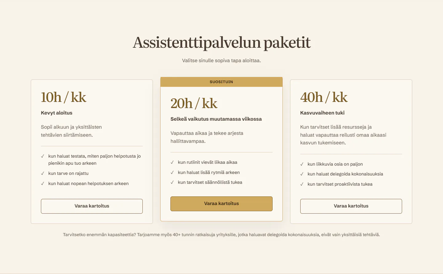 Kuvakaappaus ProAssarit-sivuston 10, 20 ja 40 tunnin kuukausipaketeista.