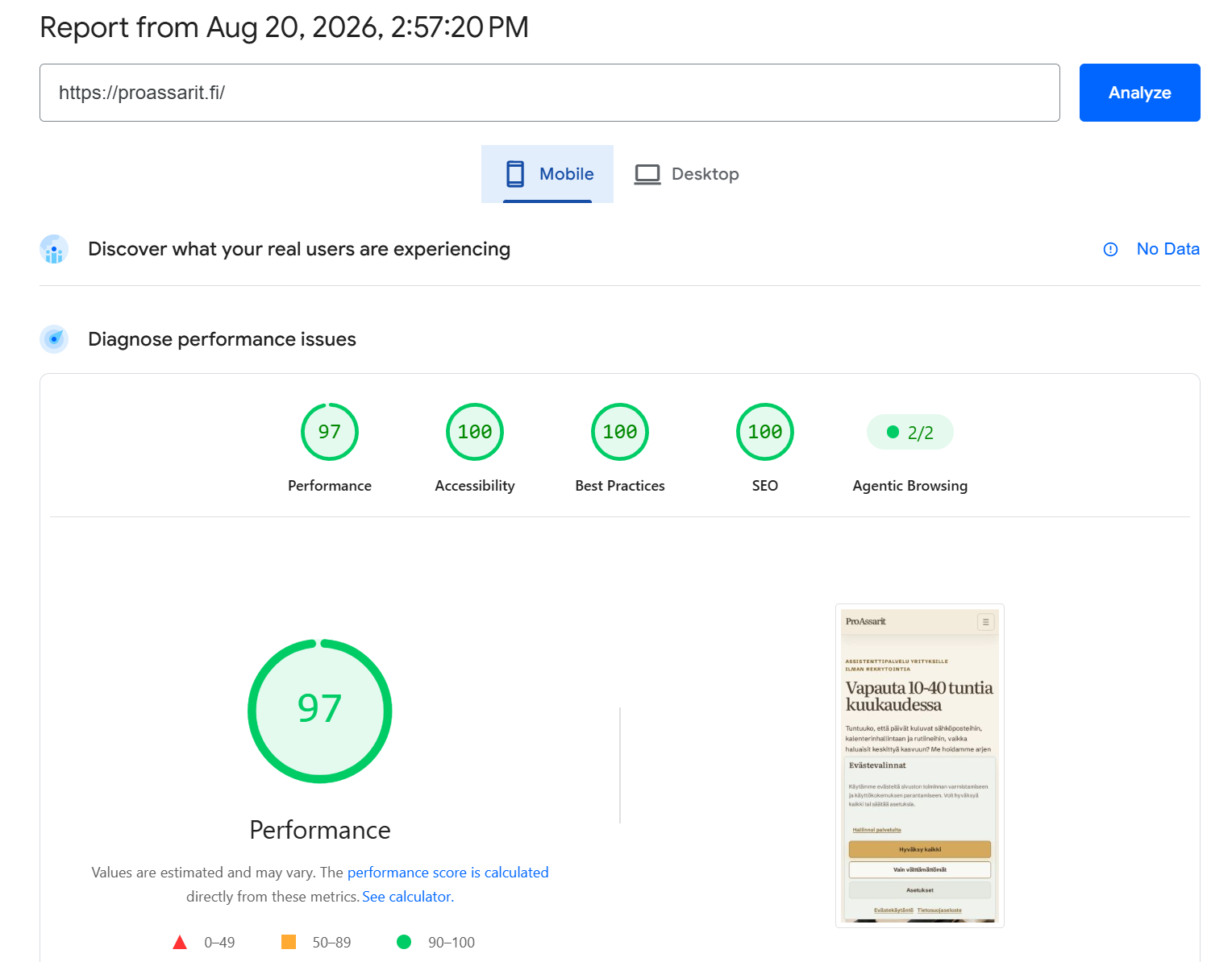 ProAssarien mobiilin PageSpeed Insights -tulos 20.8.2026: suorituskyky 97/100 ja muut pääpisteet 100/100.