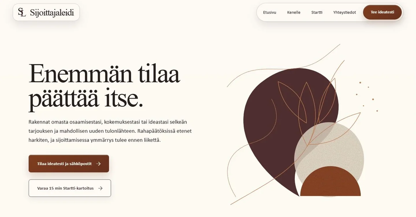 Kuvakaappaus Sijoittajaleidi-sivuston etusivusta, jossa palvelulupaus, ideatesti ja Startti-kartoitus näkyvät heti.