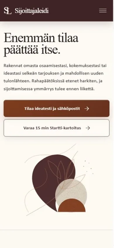 Kuvakaappaus Sijoittajaleidi-sivuston mobiilinäkymästä, jossa palvelulupaus ja toimintopainikkeet näkyvät ennen kuvitusta.