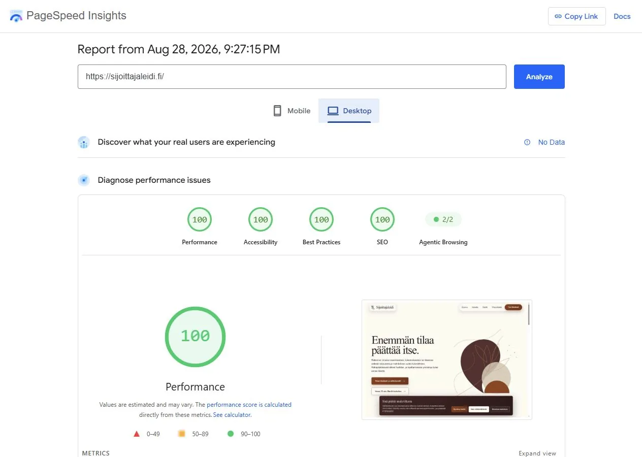 Sijoittajaleidin työpöydän PageSpeed Insights -tulos 28.8.2026: kaikki neljä pääpistettä 100/100.