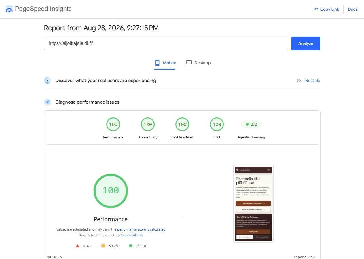 Sijoittajaleidin mobiilin PageSpeed Insights -tulos 28.8.2026: kaikki neljä pääpistettä 100/100.